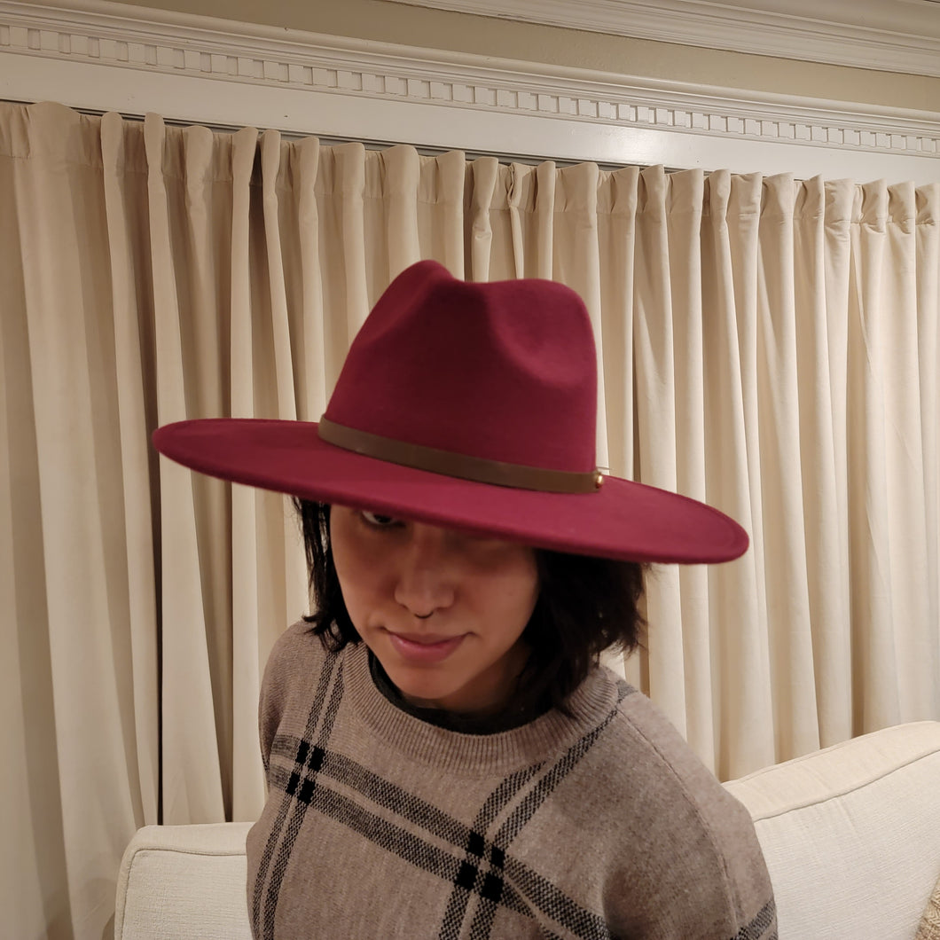 Hat-wide brim burgundy hat