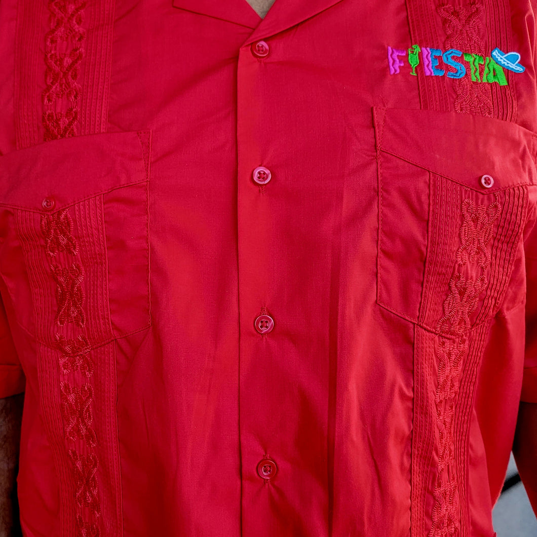 Guayabera Fiesta Embroidered Shirt - Red